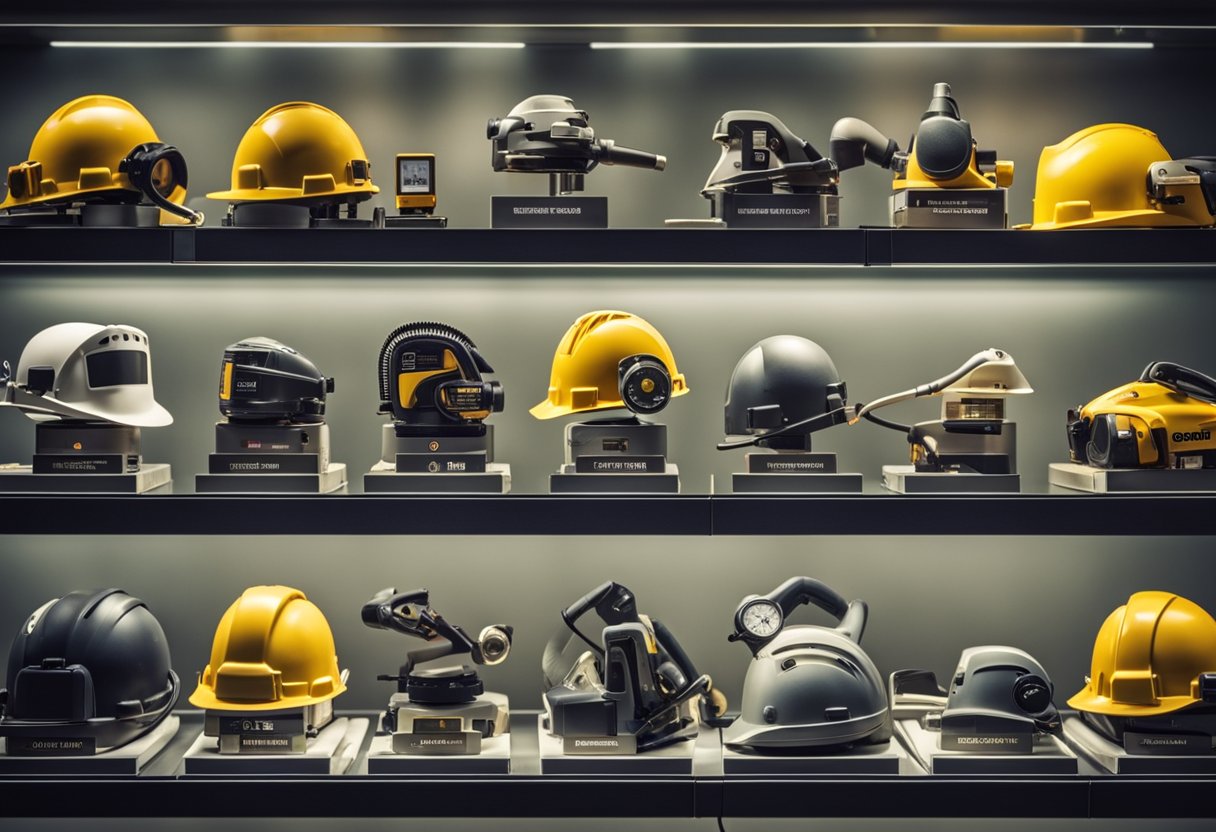 A timeline of construction tools and equipment, from ancient to modern, displayed in a museum exhibit