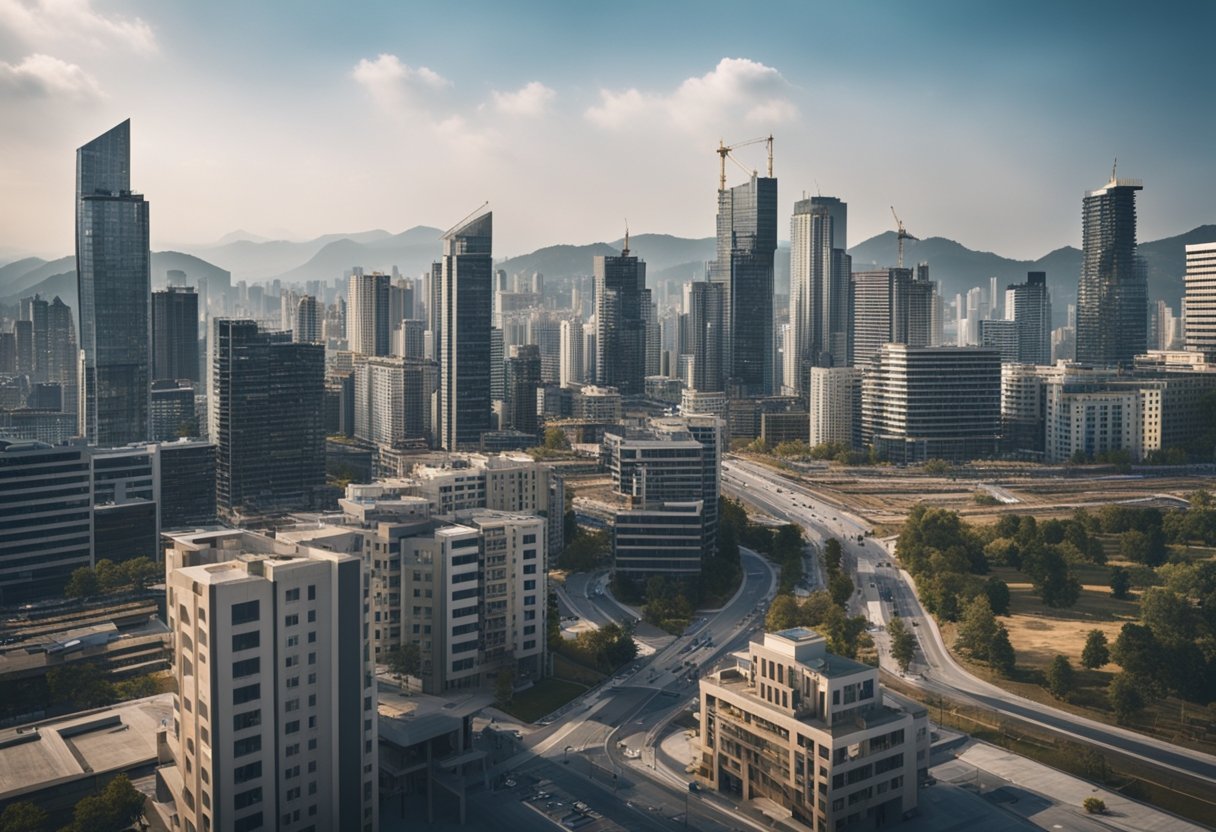 A city skyline with various commercial buildings under construction, influenced by the surrounding geographical features