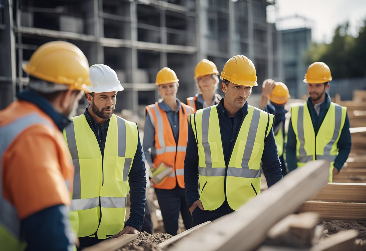 A construction site with workers following safety regulations and compliance standards. Signs and posters displaying regulations and codes