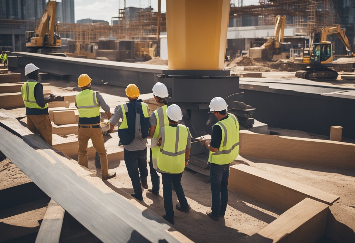 A bustling construction site with workers coordinating tasks and machinery in motion, while client service representatives engage with project managers