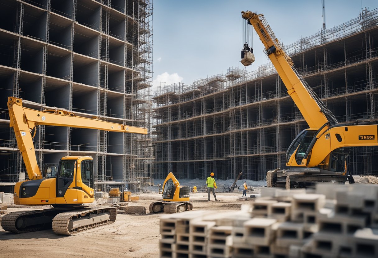 A bustling construction site with heavy machinery, cranes, and workers in hard hats. Buildings in various stages of completion, with scaffolding and construction materials scattered around