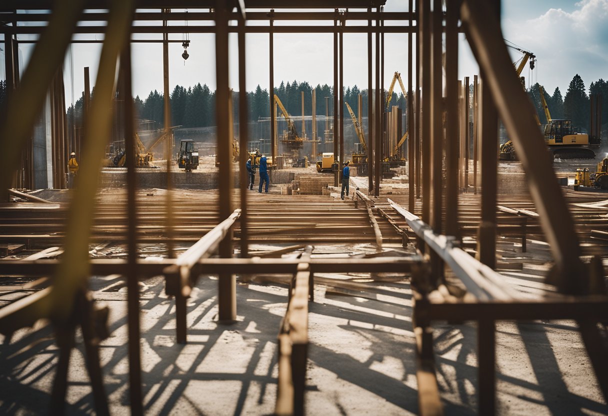 Commercial construction sites buzz with activity as cranes hoist steel beams and workers lay foundations. Futuristic designs and sustainable materials hint at the industry's forward-thinking approach