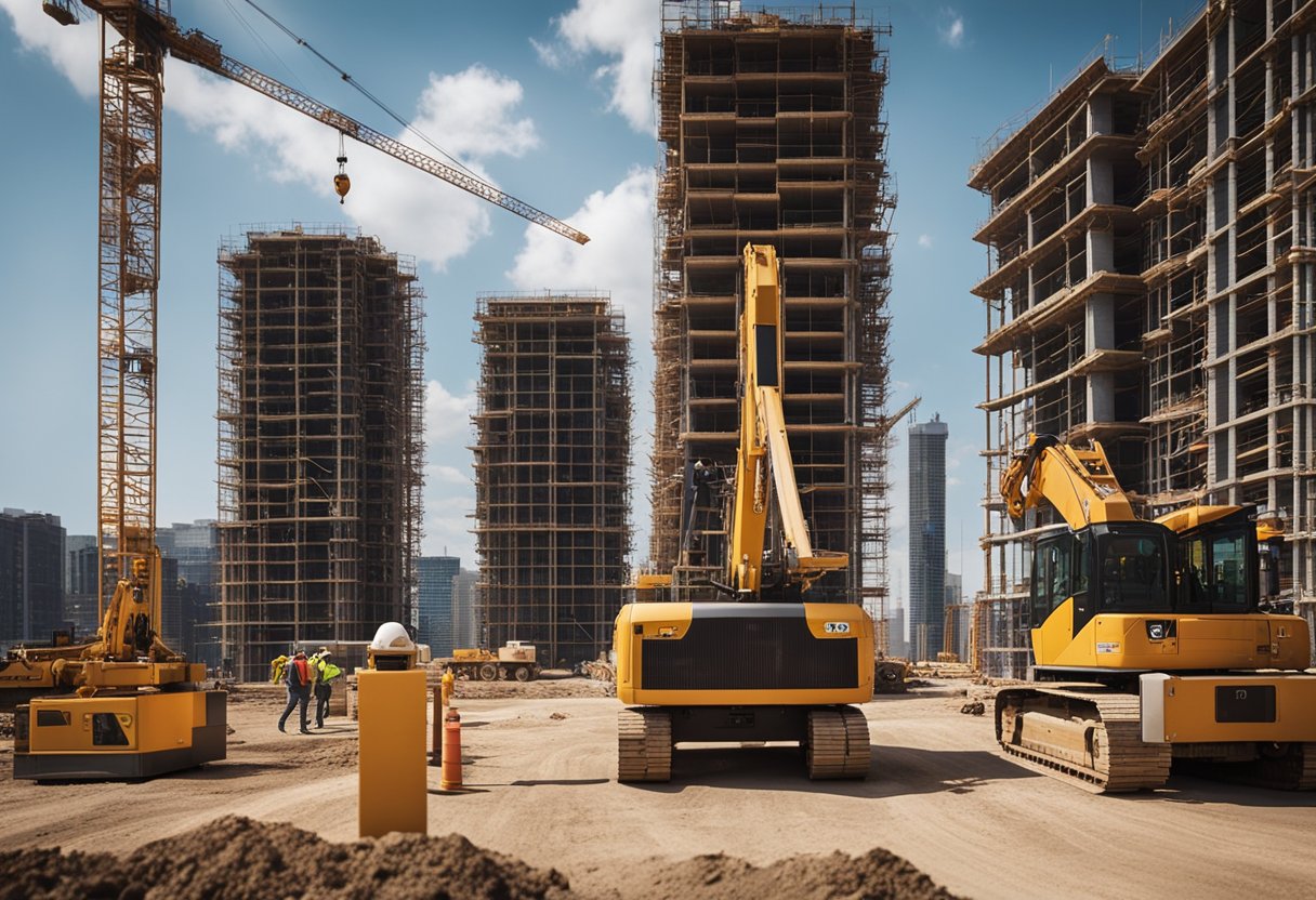 A bustling construction site with workers in hard hats, heavy machinery, and materials being lifted and transported. Multiple buildings in various stages of completion