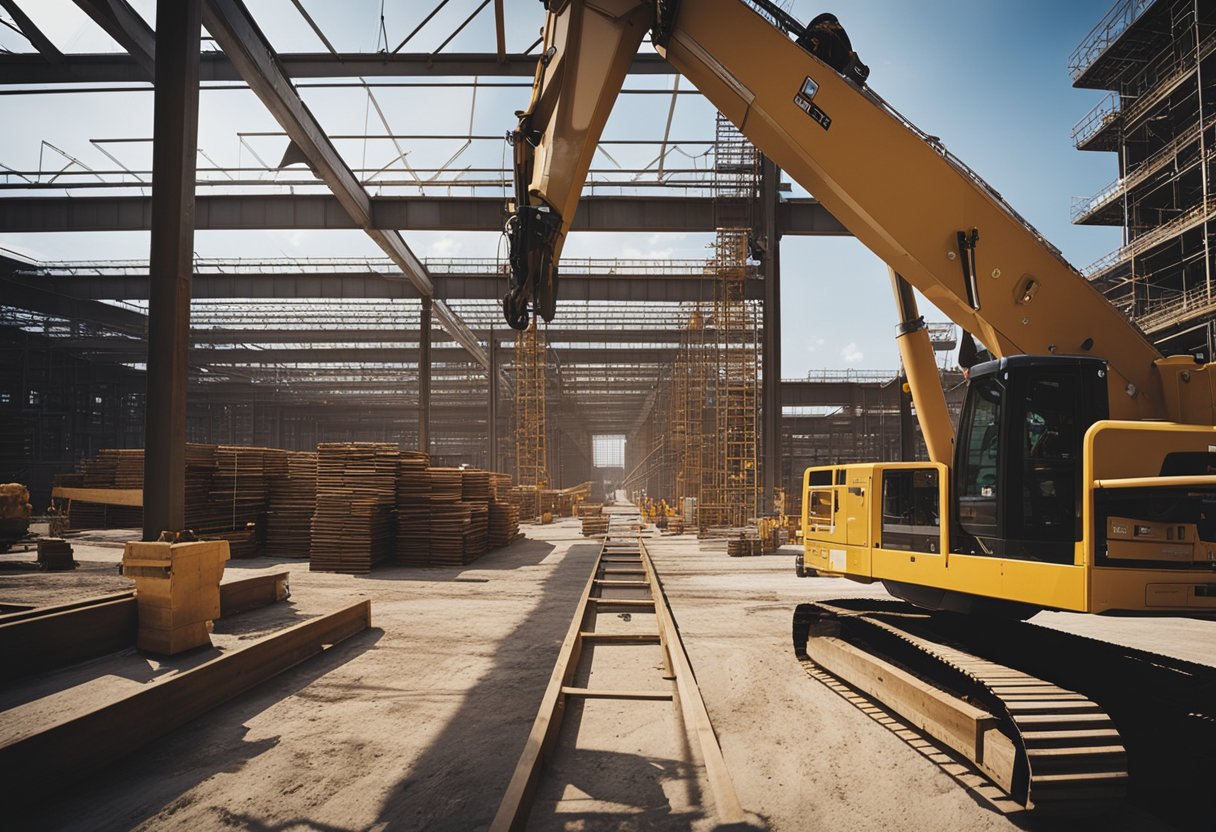 Heavy machinery lifting steel beams on a busy construction site, workers navigating around hazardous materials and equipment