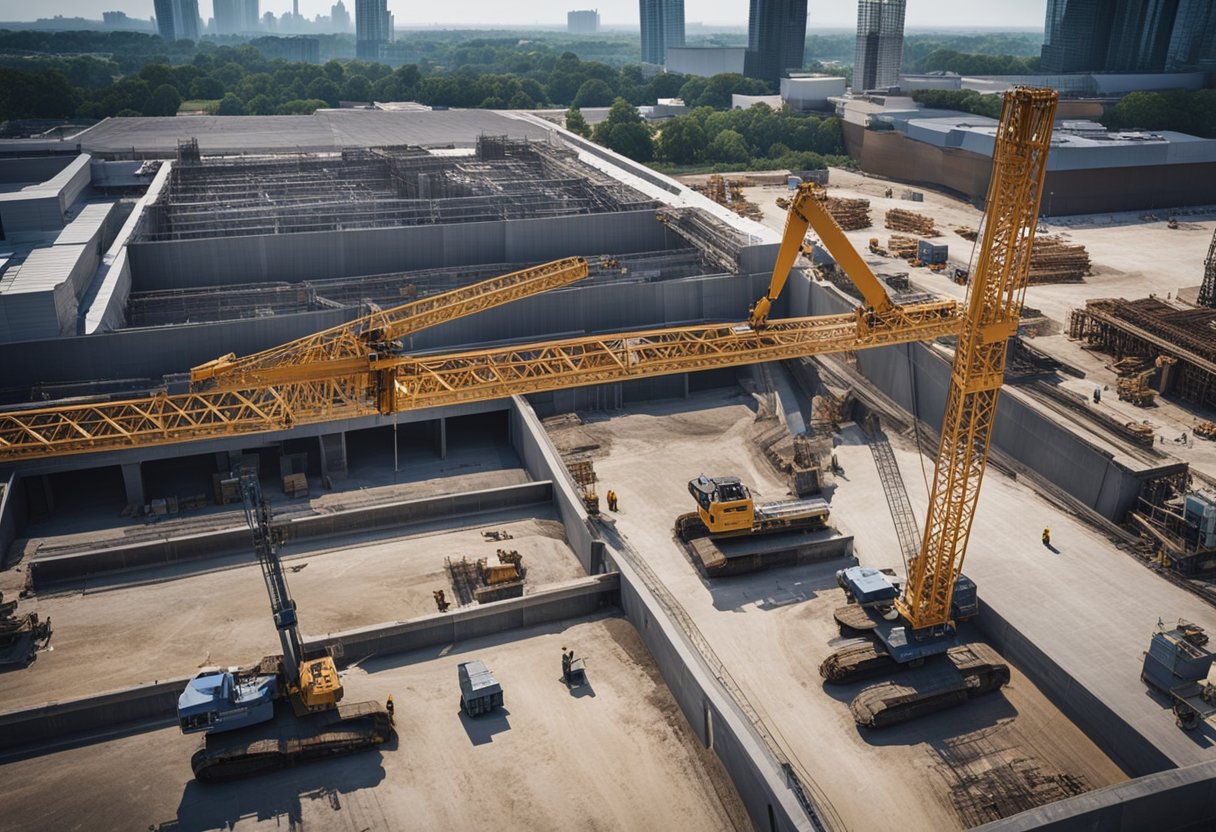 Commercial construction sites bustling with activity, cranes lifting steel beams, workers laying concrete, and engineers analyzing market data