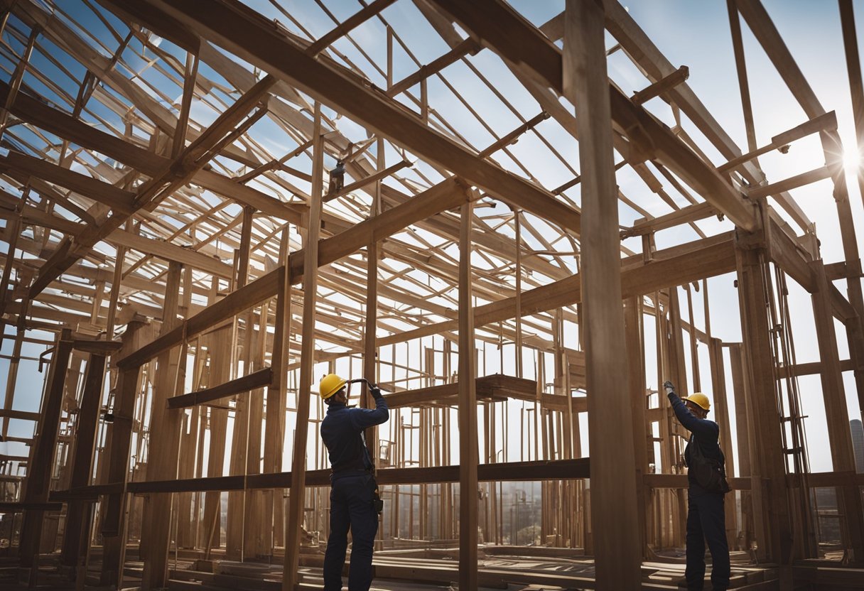 A team of construction workers utilizes advanced equipment and techniques to build a modern commercial structure. Innovative methods and machinery are employed to ensure efficiency and precision