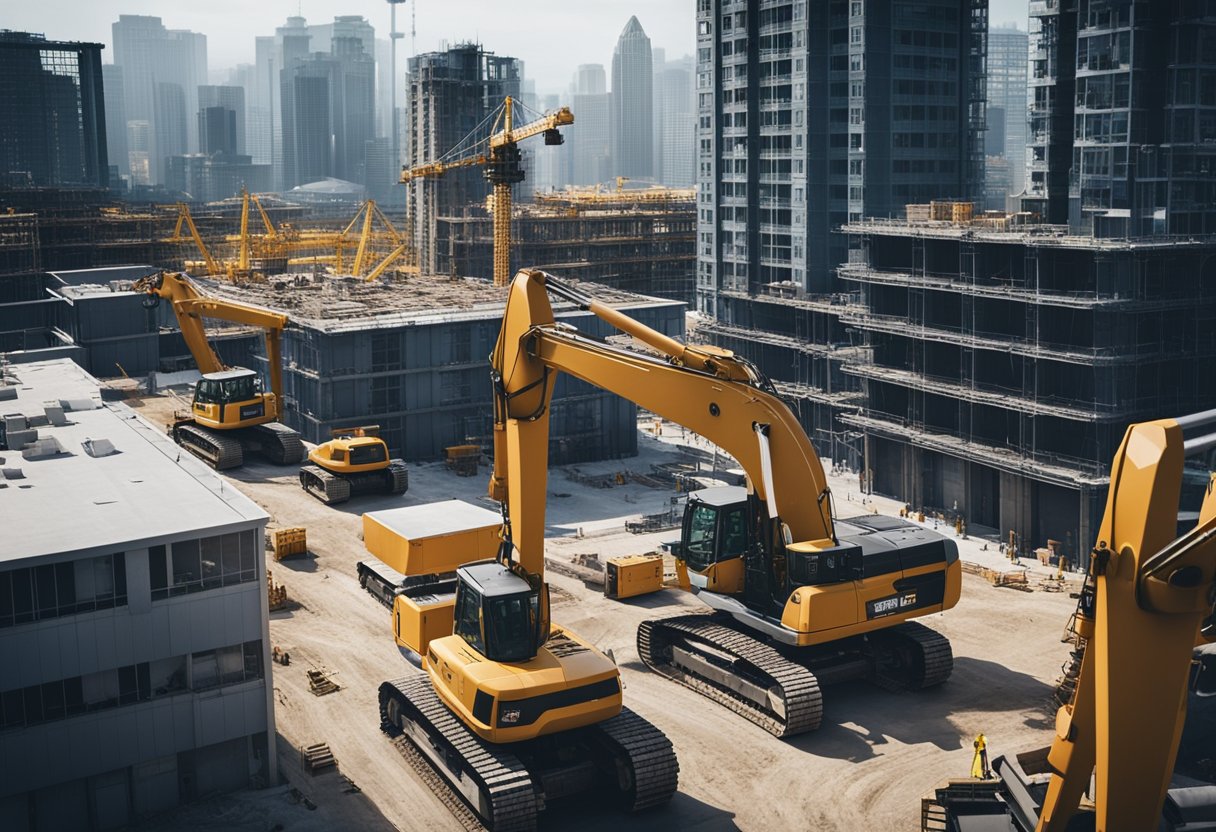 A bustling construction site with heavy machinery, cranes, and workers in hard hats, surrounded by towering buildings and blueprints