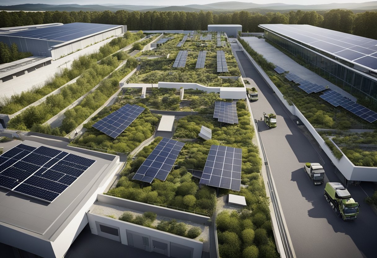 A construction site with solar panels, green roofs, and recycling stations. Trucks delivering sustainable materials. Workers using electric machinery